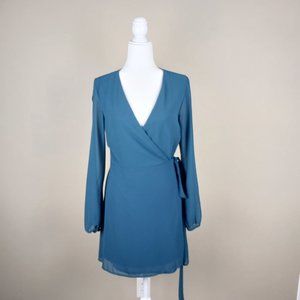 LULUS| NWT Dark Teal Slit Sleeve True Wrap Mini Dress Size Large
